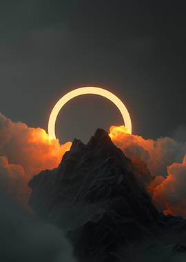 Mountain Peak with Fiery Clouds and Ring of Light