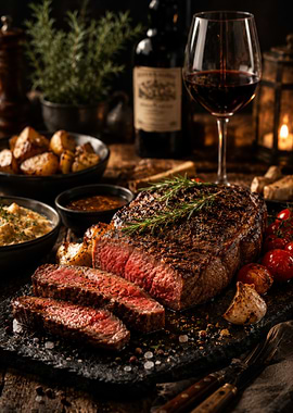 Gourmet Steak Dinner with Wine