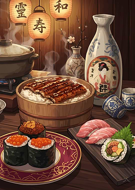 Japanese Food and Drink Spread