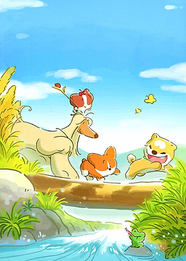 Cute dogs and frog by a stream