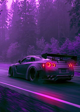 Purple Neon Nissan GT-R on a Forest Road
