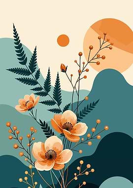Abstract Floral Landscape with Orange Flowers