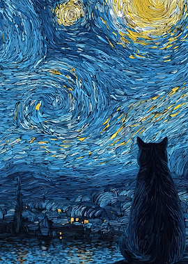 Cat Gazing at Starry Night Sky
