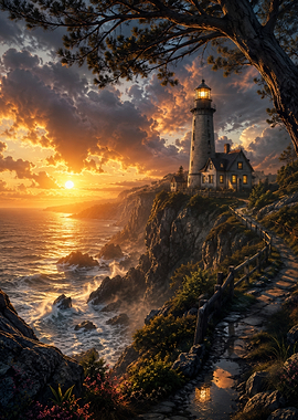 Lighthouse on a cliff at sunset
