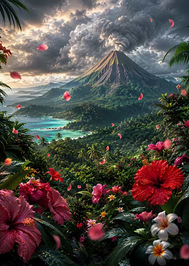 Volcano Erupting Over Tropical Island