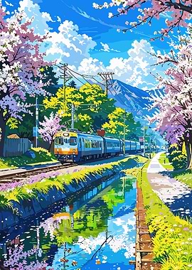 Train passing through cherry blossoms
