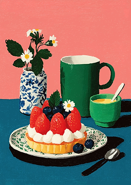 Strawberry Tart with Tea and Flowers