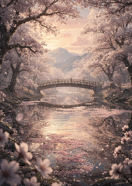 Serene Cherry Blossom Bridge Reflection