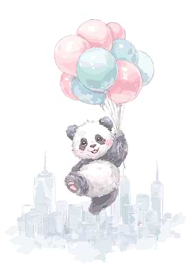 Panda Flying with Balloons Over City