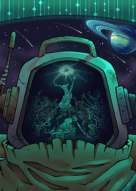 Astronaut helmet reflecting a mystical forest scene