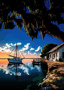 Sailboat at Sunset by the Dock