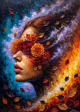 Cosmic Autumn: Woman with a Crown of Flowers and Leaves