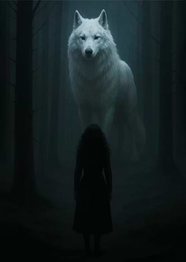 Girl and White Wolf in Forest