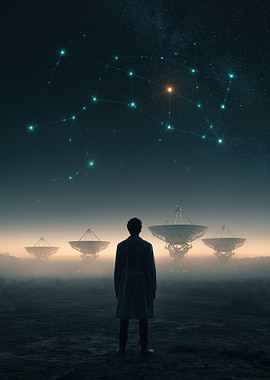 Man Gazing at Constellation Above Radio Telescopes