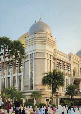 Mosque Gathering with Palm Trees