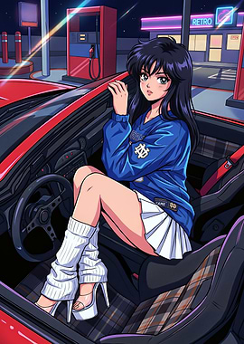Anime Girl in Car at Retro Gas Station