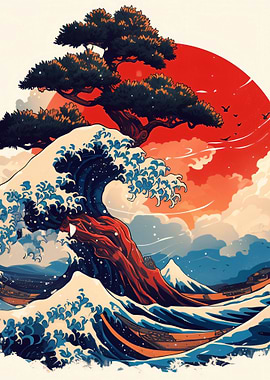 Great Wave with Bonsai Tree and Sun