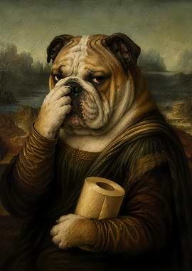 Bulldog Mona Lisa with Toilet Paper