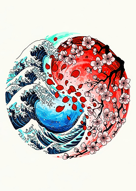 Japanese Wave and Cherry Blossoms