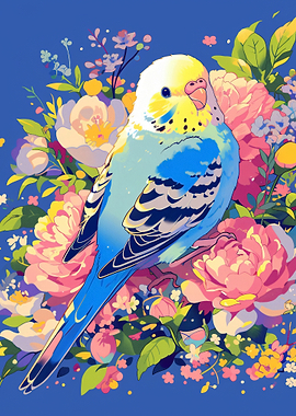 Budgie Perched Among Flowers