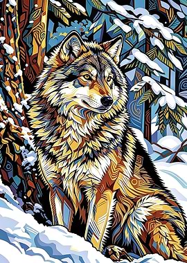 Stylized Wolf in Snowy Forest