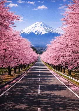 Road to Mount Fuji with Cherry Blossoms