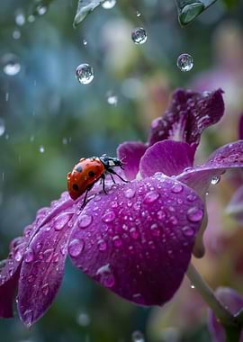Ladybug on a wet orchid