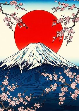 Mount Fuji with Cherry Blossoms and Sun
