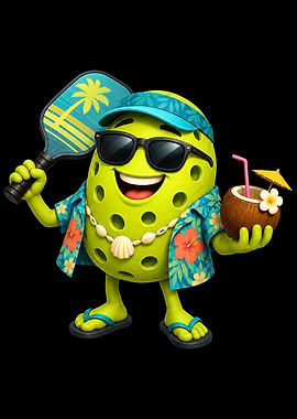 Pickleball Character with Tropical Drink