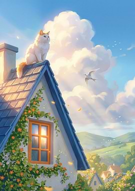 Cat on a rooftop with birds