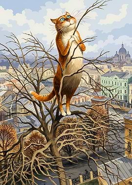 Whimsical Cat in a Tree Overlooking a City