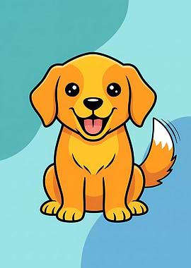 Cute Golden Retriever Puppy Cartoon Smiling on Blue Teal Background Art