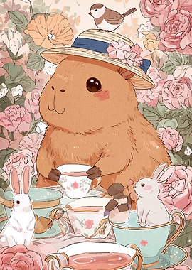 Capybara Tea Party with Bunnies