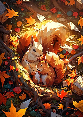 Squirrel Family in Autumn