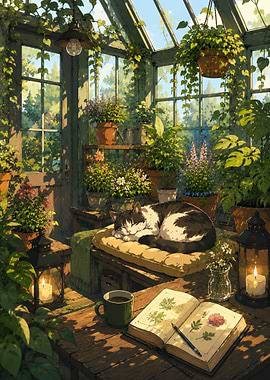 Cozy Greenhouse Cat Lofi Art
