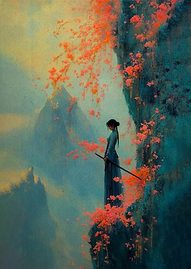 Samurai Woman Among Cherry Blossoms
