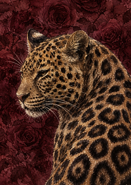 Leopard Portrait with Floral Background
