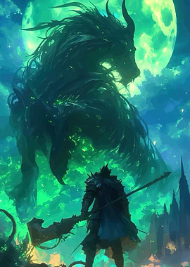 Knight faces giant beast under moon