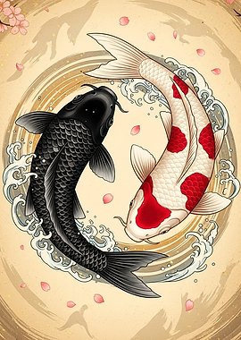 Yin Yang Koi Fish and Cherry Blossoms
