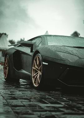 Black Lamborghini in the Rain