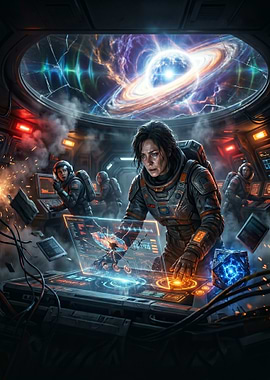 Astronauts in a spaceship control room