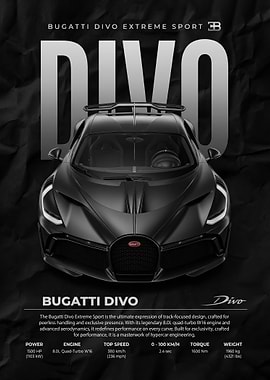 A dramatic black bugatti divo Sport Poster