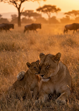 Lioness and cub in sunset