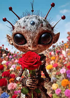 Alien holding a red rose in a flower field