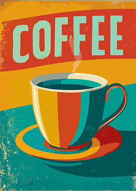 Vintage Coffee Poster – Retro Café Wall Art with Bold Typography & Colorful Cup Design