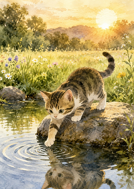 Kitten dipping paw in water at sunset