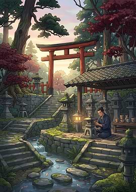 Japanese Garden with Torii Gate and Craftsman