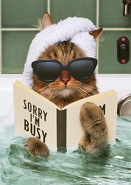 Cat reading a book in a bathtub