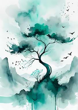 Serene Watercolor Tree and Birds