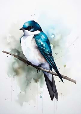 Watercolor Tree Swallow on Branch